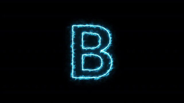 Bright neon glowing light blue letter B, Seamless looping animation on black background,  Glowing loop neon alphabet letter B.