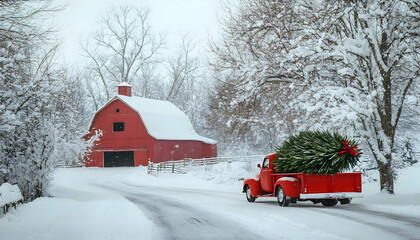 A vintage red truck carries a Christmas tree through a snowy landscape with a red barn in the background, capturing a classic winter holiday scene