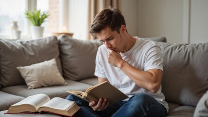 Guy reading a book on the couch with an open book on the table