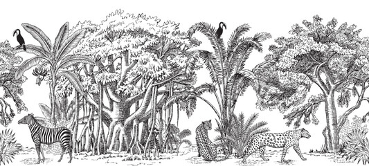Toile tropical vintage botanical palm trees, banana tree, plants, leopards, zebra animal, toucan seamless border white background. Graphic jungle mural. © good_mood