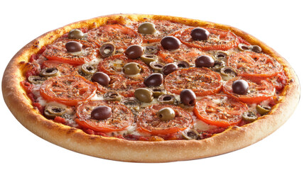 Homemade vegan pizza with olives and tomatoes, isolated on transparent background