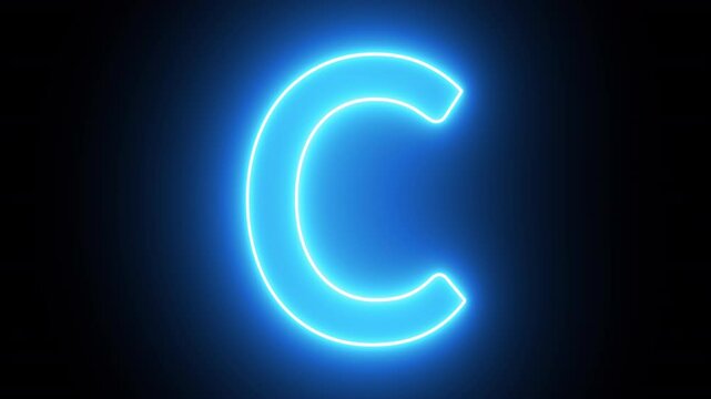 Animated neon letter C, Glowing neon capital letter sign icon illustration on black background, C text icon animation by blue neon.