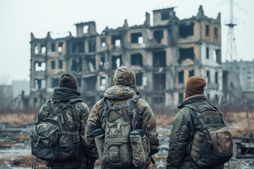 Fototapeta premium Three adults in camouflage observe abandoned building ruins