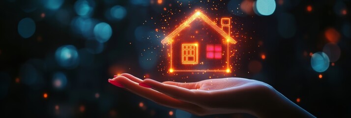 Woman's hand holds a glowing orange house icon, symbolizing modern real estate solutions and secure investments in a digital world