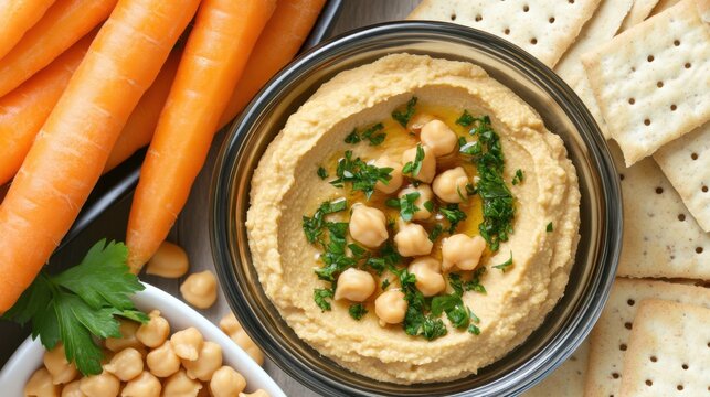 A close-up of a nutritious vegan snack, featuring hummus, carrots