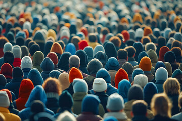 Obraz premium Large crowd of people in colorful winter clothing seen from behind