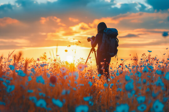 Young woman photographer capturing sunset in flower field
