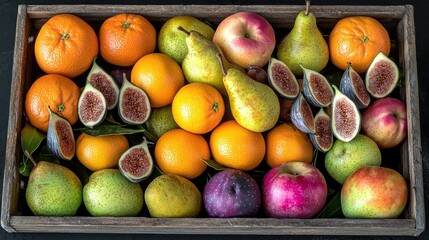 Colorful fruit crate; oranges, pears, figs, apples; rustic background; healthy food