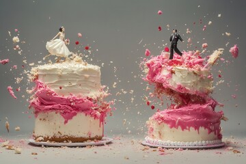 Bride and groom figurines running on exploding wedding cake