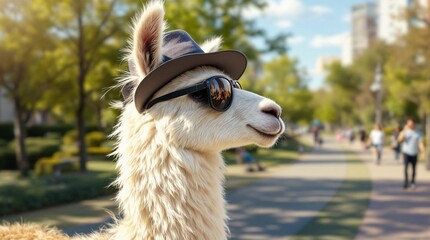 Obraz premium Stylish llama wearing sunglasses in urban park, cheerful vibe