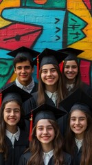 Graduates pose joyfully outdoors.