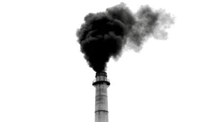 A smokestack emitting a large plume of black smoke into the sky, isolated on transparent background