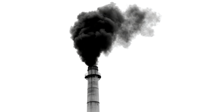 A smokestack emitting a large plume of black smoke into the sky, isolated on transparent background