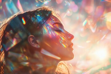 Woman illuminated by holographic rainbow light flares, exploring the metaverse