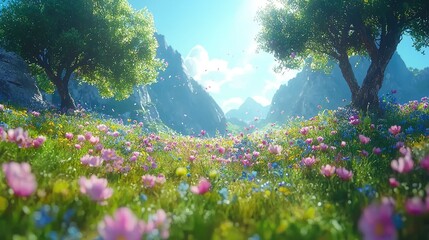 Obraz premium Serene Mountain Meadow with Blooming Flowers and Trees