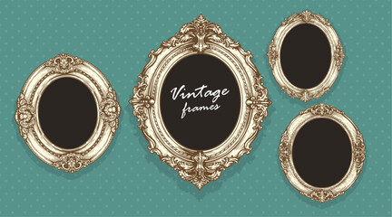 Vintage hand drawn sketch golden oval picture frames on dotted wall background. Empty photo design template. Vector illustration.
