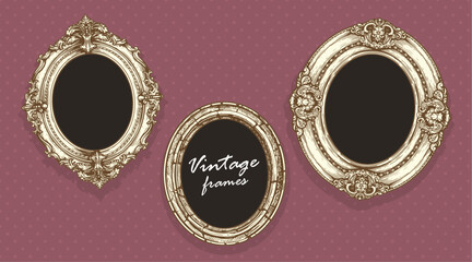 Vintage hand drawn sketch golden oval picture frames on dotted wall background. Empty photo design template. Vector illustration.
