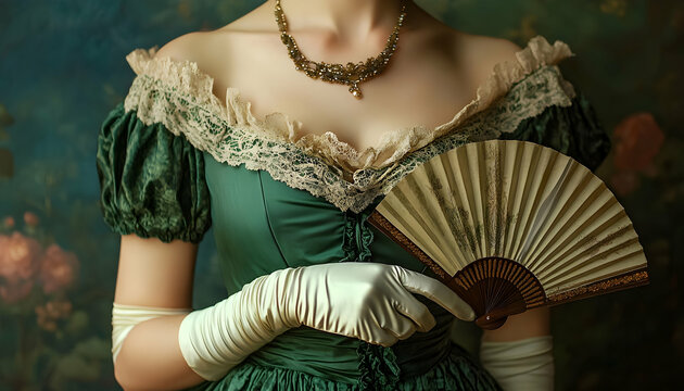 A young Regency woman wearing a green shot silk dress and satin gloves and holding a fan