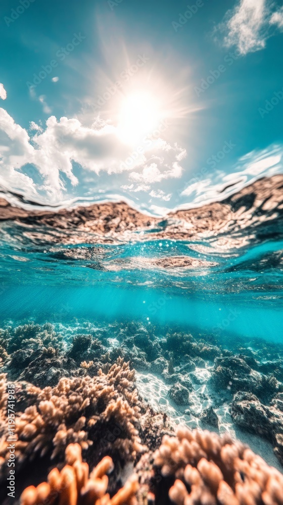 Poster half underwater shot showing a coral reef with sunlight filtering through the water surface and whit