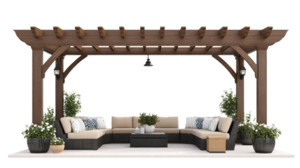 Inviting outdoor seating area with a pergola, isolated on transparent background