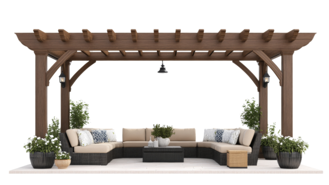 Inviting outdoor seating area with a pergola, isolated on transparent background
