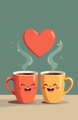 Two cartoon-style coffee mugs with smiling faces