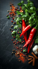 Red Chili Pepper Food Banner on Dark Marble Black Tabletop