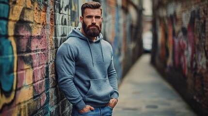Fototapeta premium Bearded Man in Hoodie Stands Against Graffiti Wall