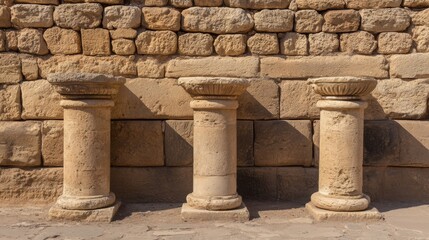Fototapeta premium Three ancient stone columns against a weathered stone wall.