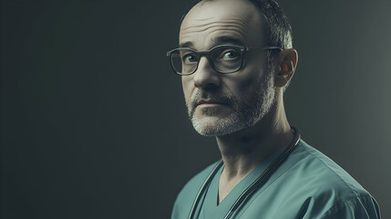 Senior male doctor in scrubs with glasses, neutral grey background, subtle shadows for depth, clear facial features