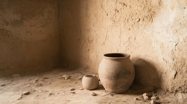 Two ancient clay pots sit in a dusty, sunlit corner of a rough, earthen room.