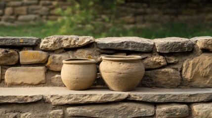 Fototapeta premium Two ancient clay pots sit on a rustic stone wall.