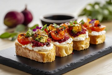 captivating display of creative bruschettas in a vibrant and colorful presentation, styled with a moody aesthetic