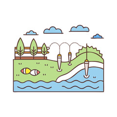 riverbank with fishing poles icon, riverbank with fishing poles vector.