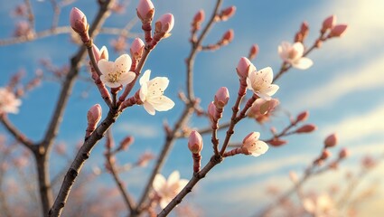 White and pink cherry blossoms on branches against blue sky during spring bloom