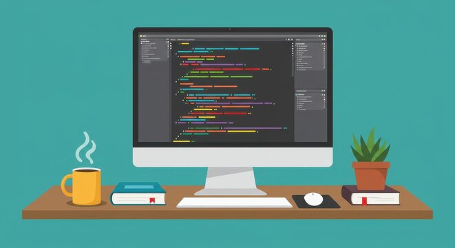 A flat illustration of a coding workspace featuring a desktop computer with colorful lines of code on the screen