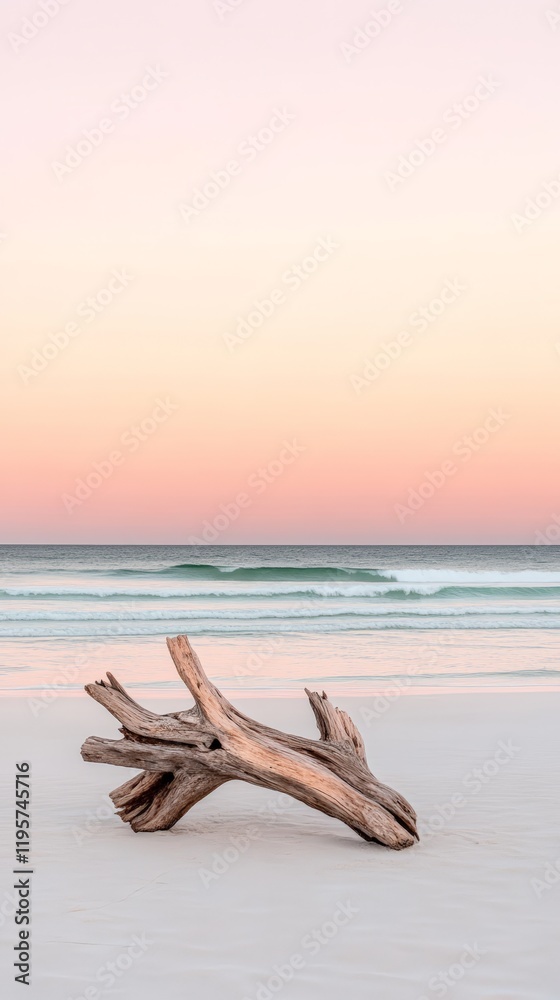 Aufkleber driftwood lies on a pristine sandy beach as gentle waves roll in under a soft pastel sunset sky, cre
