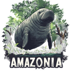 Animal, Manatee, Amazon, Pantanal, Forest, Nature, Amazon Rainforest, Art, Image, with Transparent Background PNG, for Stickers, T-Shirt Print, Cap, Mug, Flip Flops, Mousepad, Transparent PNG
