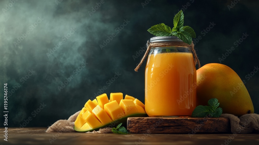 Poster glass jar brimming with refreshing mango juice rests on a rustic wooden table next to fresh mango sl