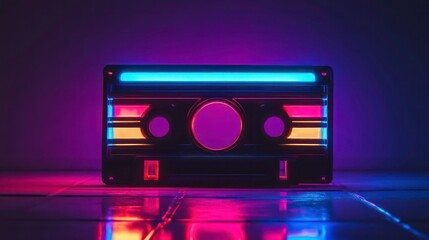 glowing neon cassette radiates vibrant colors, evoking nostalgia for the 90s. A retro audio tape perfect for symbolizing vintage music, pop culture, and throwback vibes in a modern, artistic way