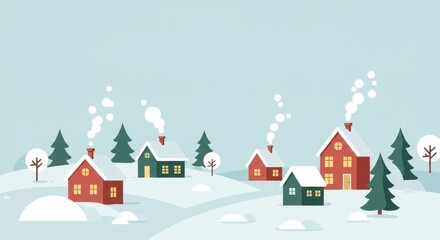 Fototapeta premium A flat illustration of a cozy village in winter with snow-covered rooftops and pine trees