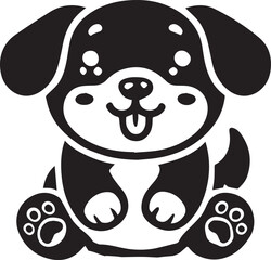 Cute silhouette puppy vector black and white (smiling face cute mini dog big ears and big hair vector black)