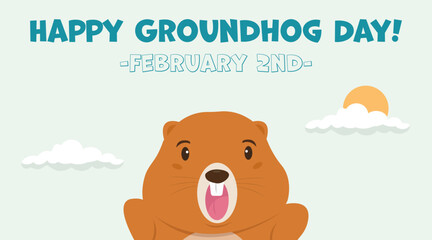 Happy Groundhog Day! February 2nd. Vector illustration template celebration banner. Cute animal on bright background with lettering, sky and clouds.