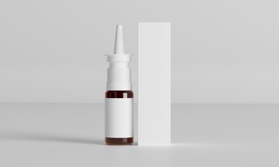 3D render Nasal drops, mockup, glass bottle with paper box
