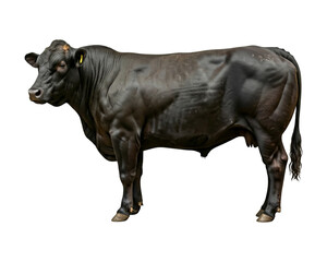 A full-body side view of a sleek, muscular Angus beef, set against a minimalist white background.