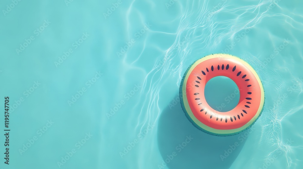 Poster Bright summer sunlight illuminates a refreshing turquoise swimming pool with a playful inflatable watermelon ring floating on the surface, creating a vibrant scene of summer fun and relaxation