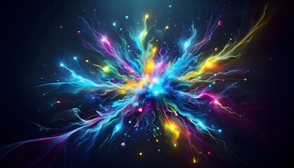 colorful lights fireworks explosion on black background, cosmic lightning in vibrant colors