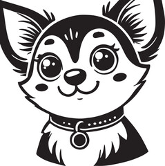 Cute silhouette puppy vector black and white (smiling face cute mini dog big ears and big hair vector black)