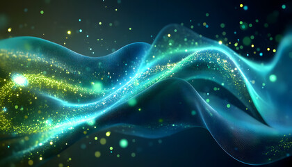 Background with glowing light blue and green lines, particles of data flowing in the air.