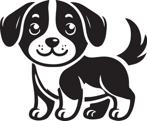 Cute silhouette puppy vector black and white (smiling face cute mini dog big ears and big hair vector black)